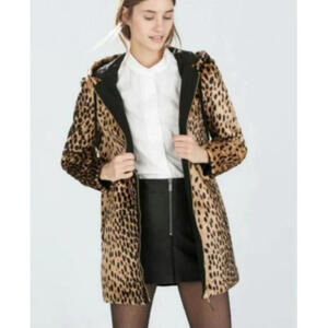 80s 90s Mob Wife Zara TRAFALUC FUll Zip Hooded Jacket Faux Fur Cheetah Womens L